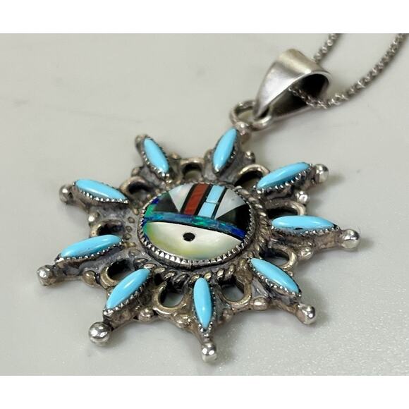 Zuni Sunface Sterling Silver Turquoise Inlay Pendant Necklace VTG Coral Opal Jet - Picture 8 of 16